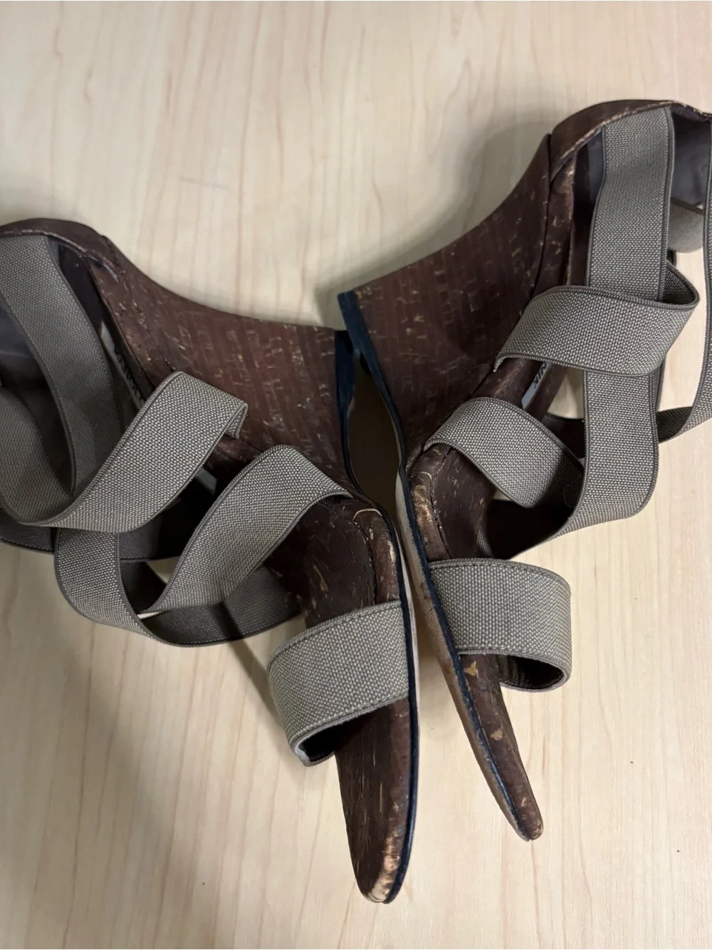Manolo Blahnik Taupe Elastic Strappy Cork Wedge Heels